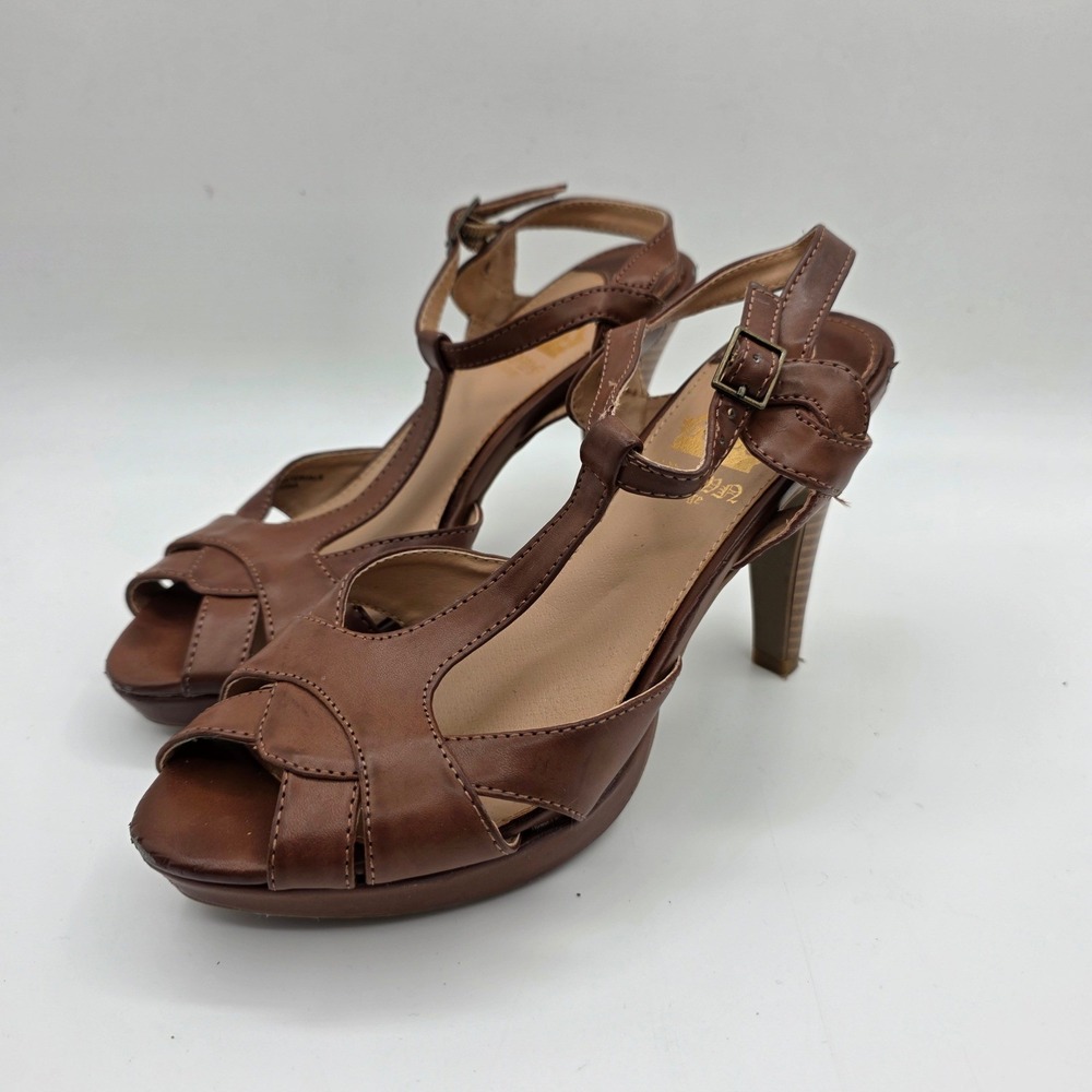 Crown Vintage Brown T-Strap Platform Peep Toe Heels Sandals Mens 7M 3919917 - Picture 2 of 7
